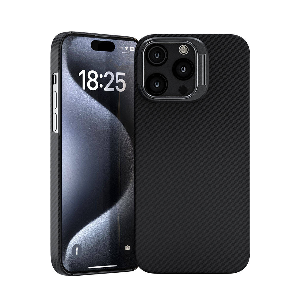 Apple iPhone 15 Pro Max Kılıf M-safe Şarj Özellikli 600D Kevlar Zore Krek Karbon Standlı Kapak