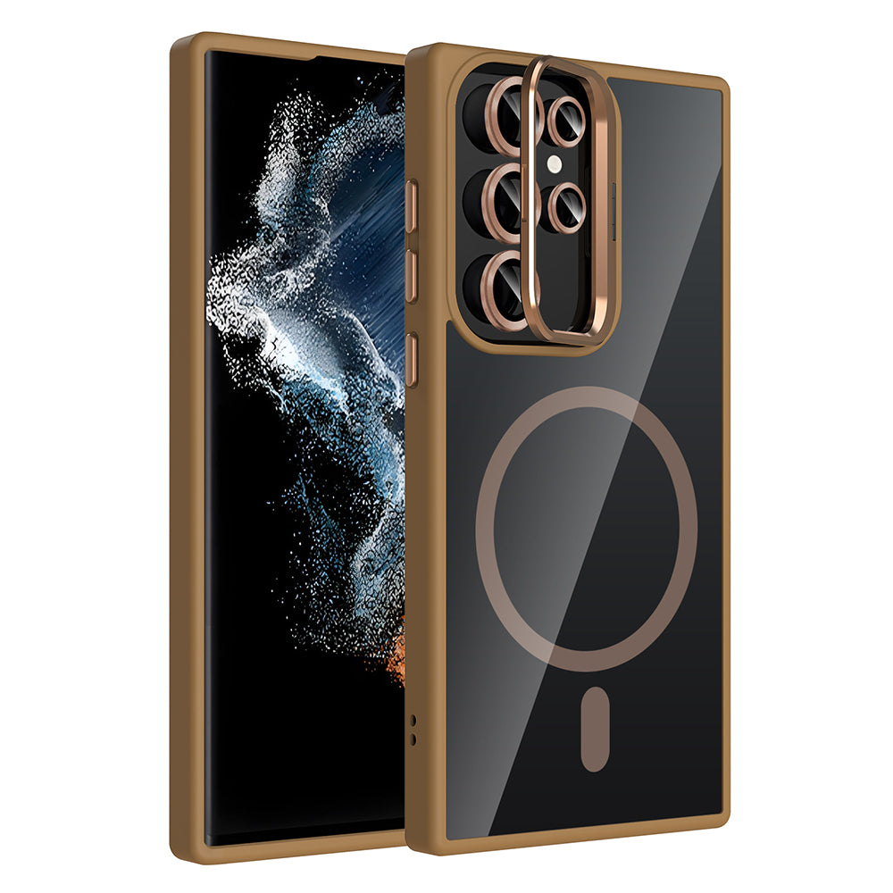 Galaxy S22 Ultra Kılıf Standlı ve Kamera Lens Hediyeli M-Safe Şarj Özellikli Zore Etro Kapak