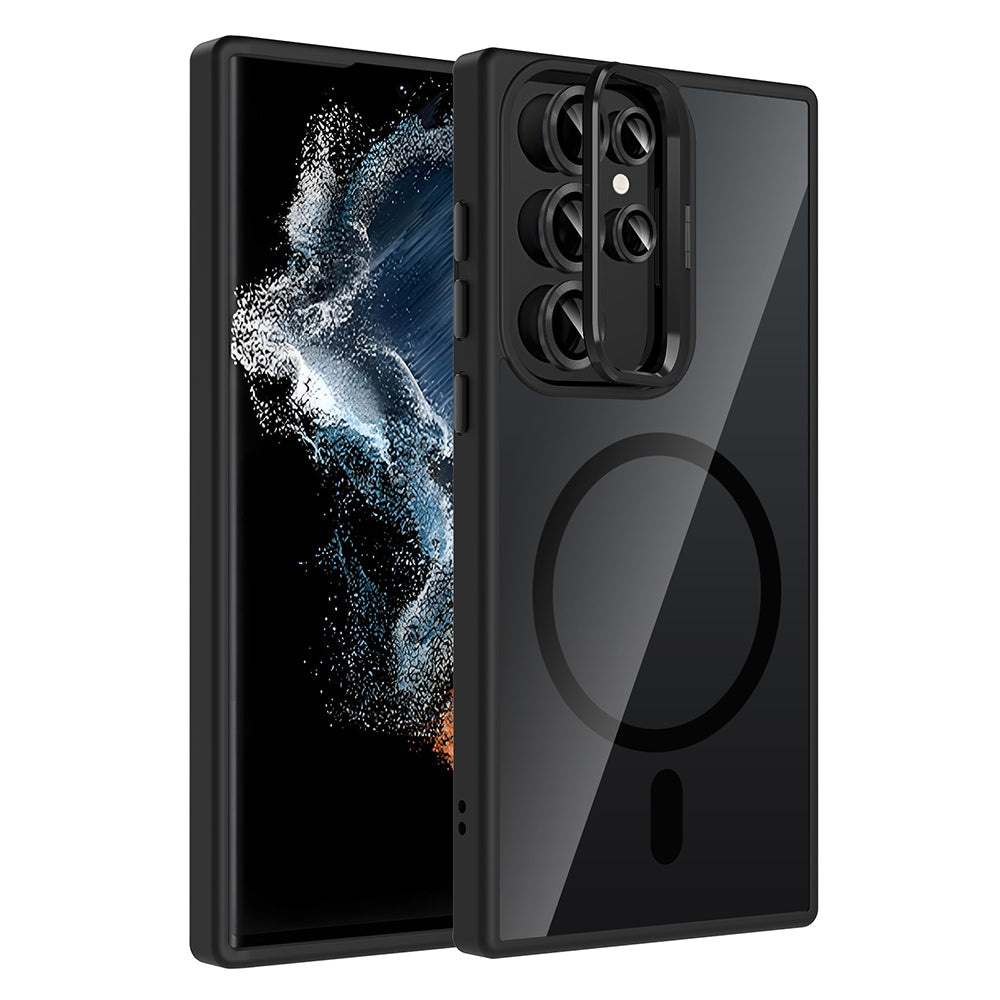 Galaxy S23 Ultra Kılıf Standlı ve Kamera Lens Hediyeli M-Safe Şarj Özellikli Zore Etro Kapak